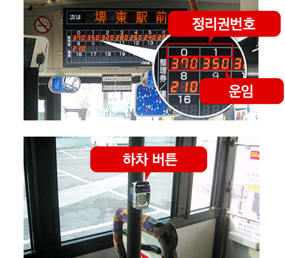차내 전방의 요금표시기에 내릴 버스 정거장이 표시되면 하차 버튼을 누르고 요금을 확인하십시오.